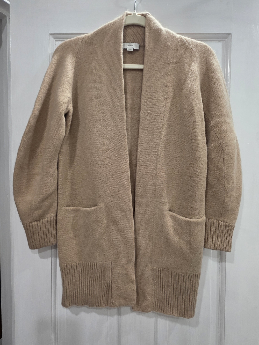 Vince 100% Cashmere Open-Front Pocket Cardigan in Taupe